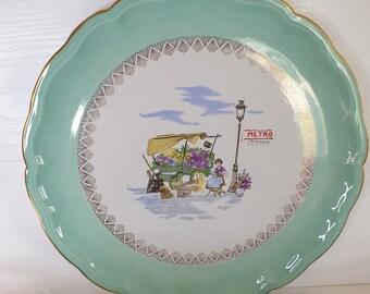Vintage Luneville Badonviller Plate, French Turquoise and Gold Decor