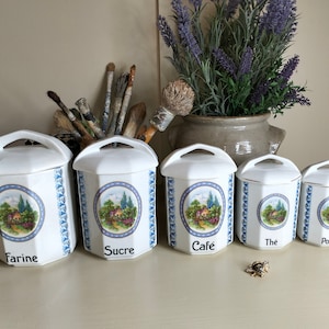 Vintage Ceramic Canister Set - 6-piece Hand-Painted Kitchen Storage Jars - Shabby Chic French Country Decor - Vintage Ceramic Storage Jars