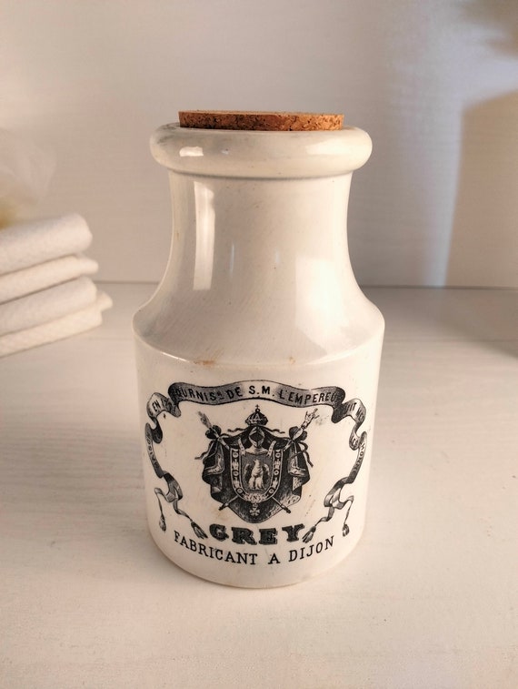 Pot à moutarde de Dijon antique, France, pot publicitaire gris