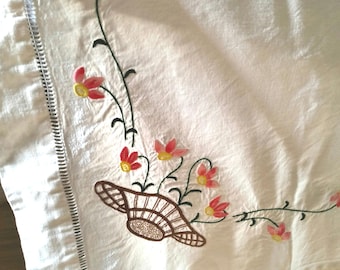 French Antique Embroidered Linen Tablecloth, Colorful Floral Motif, Damask Cotton