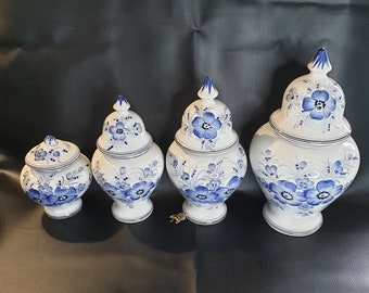 Vintage French Ceramic Jar Set, Ginger Jars, Spice Jar Set, Blue and White Jars