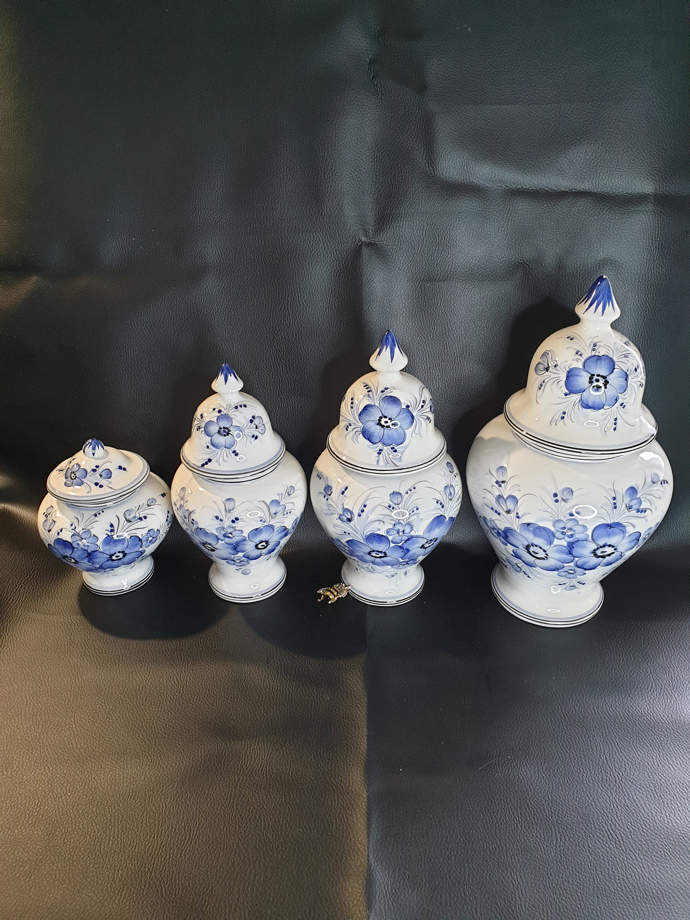 Ensemble de Pots en Céramique Vintage Français, Gingembre, Ensemble d'épices, Bleus et Blancs