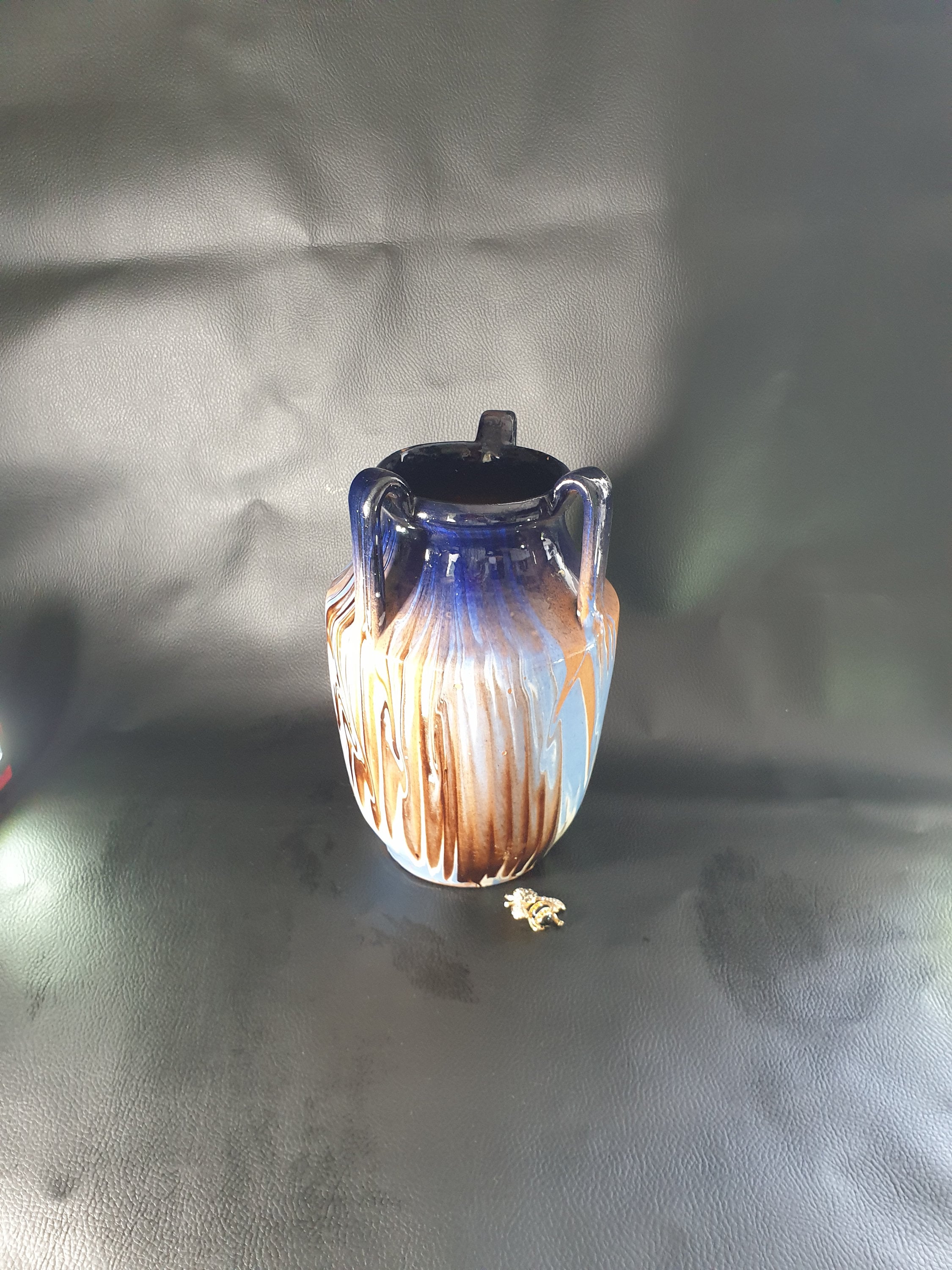 Pichet en Céramique Ornée, Pichet Brun Bleu Blanc, Grès, Vase Céramique, Vintage