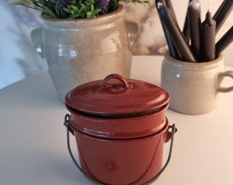 French Vintage Enamel Lunch Pail, Farmhouse Kitchen Decor