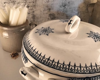 Antique French Soup Tureen, Blue Transferware Soupière, St Amand Porcelain