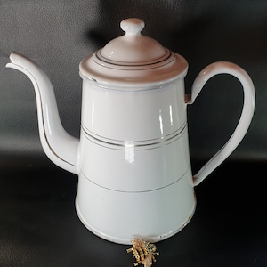 Vintage Enamel White Coffee Pot - Antique French Enamel Cafetiere - Vintage French Enamelware - Rustic Farmhouse