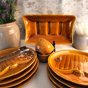Vintage Barbotine Vegetable Serving Set by GIEN – Ochre Yellow Ceramic with large plate and 8 small Plates - Vintage Asparagus Serving Set
