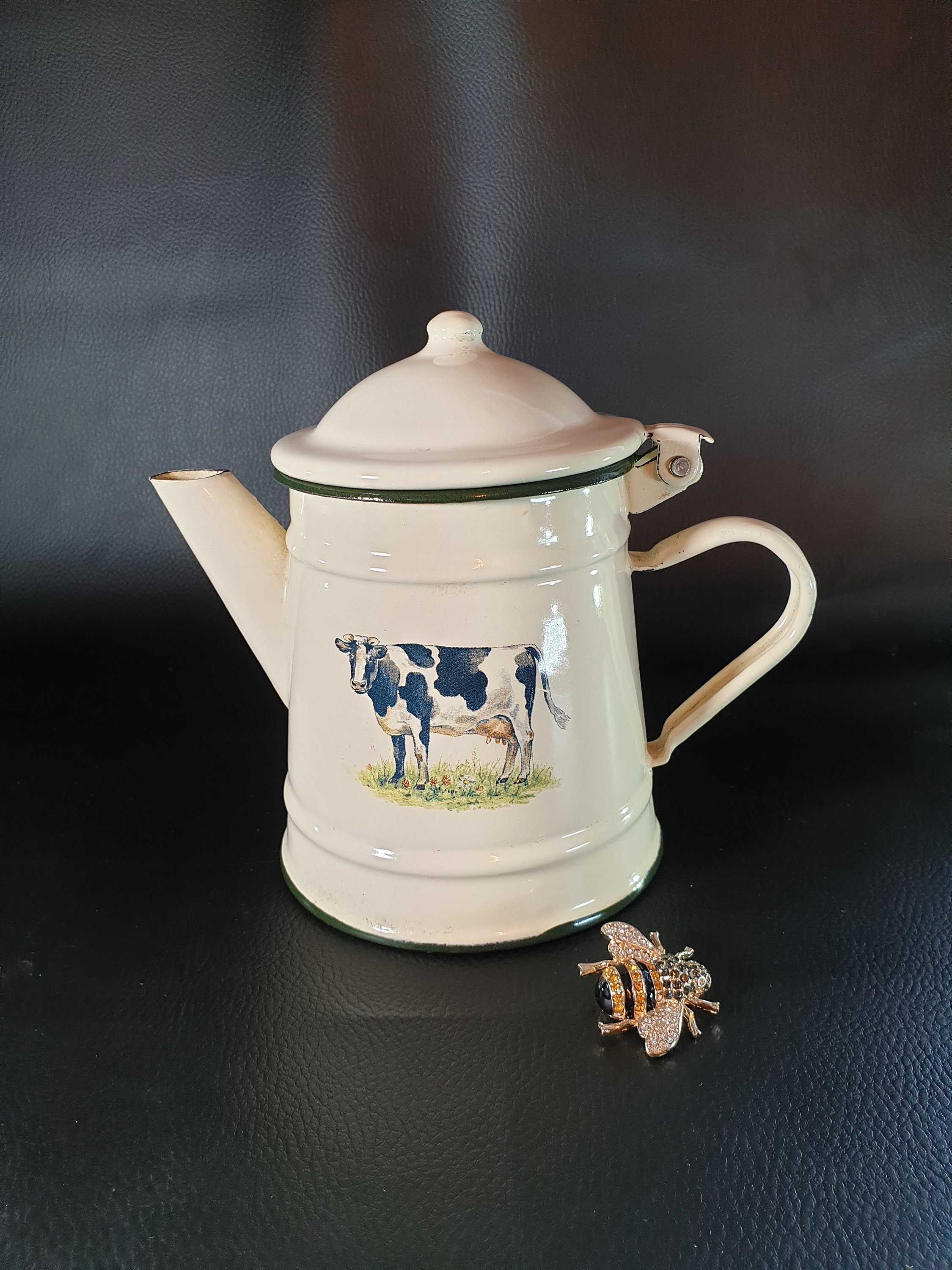 Français Cafetière en Émail, Cuisine Rustique, de Ferme, Crème, Décor Ferme