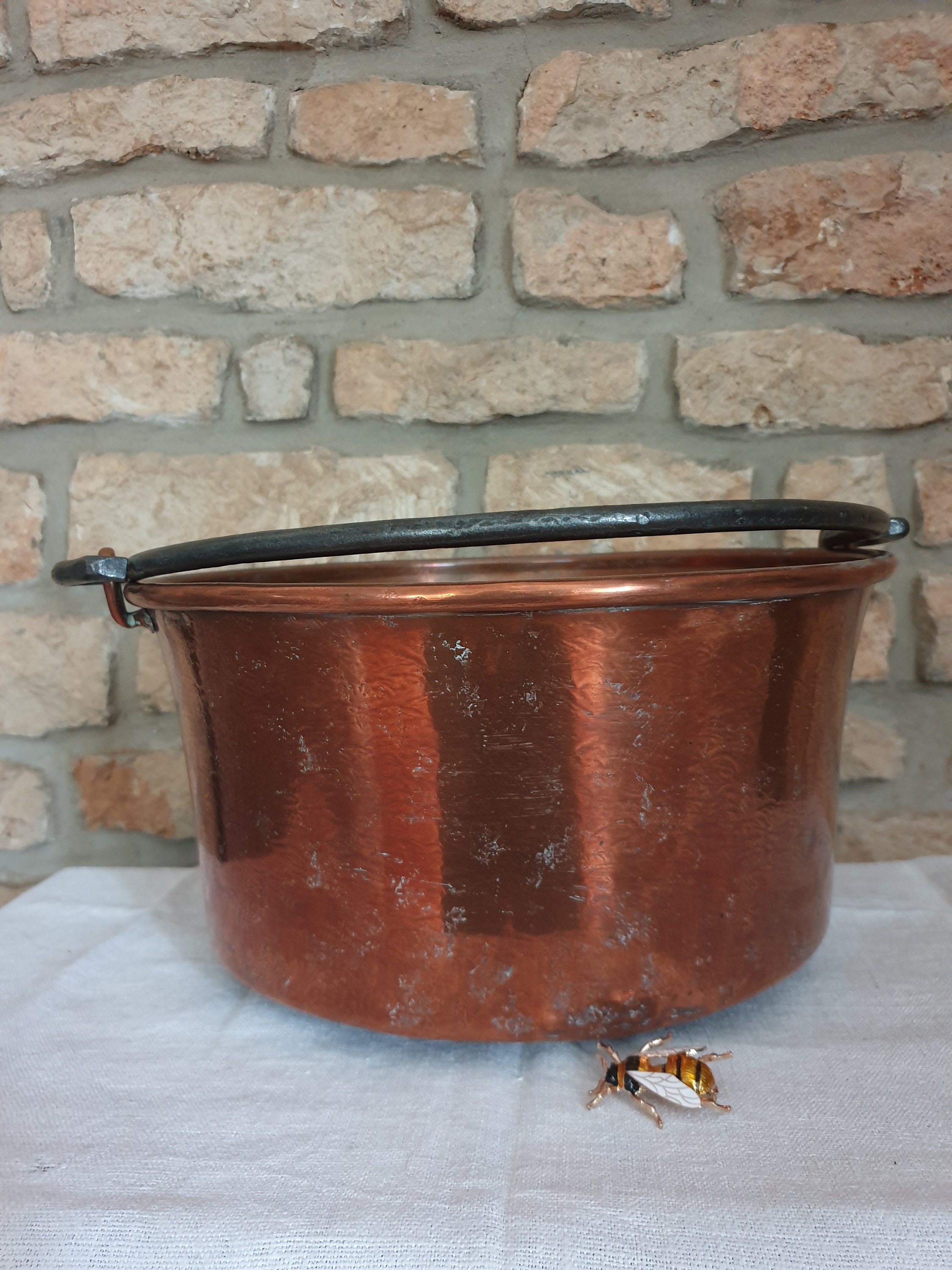 Grand Chaudron en Cuivre Martelé Français Antique, Pot Vintage, Grand Décor de Cuisine Français, Rus