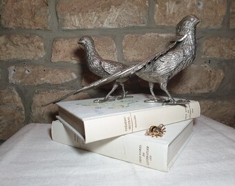 A Stunning Pair of Vintage Silver Plated Pheasants Figurines 1950s, Large Solid Pheasants, Paris Apartment, Christmas Table Decoration