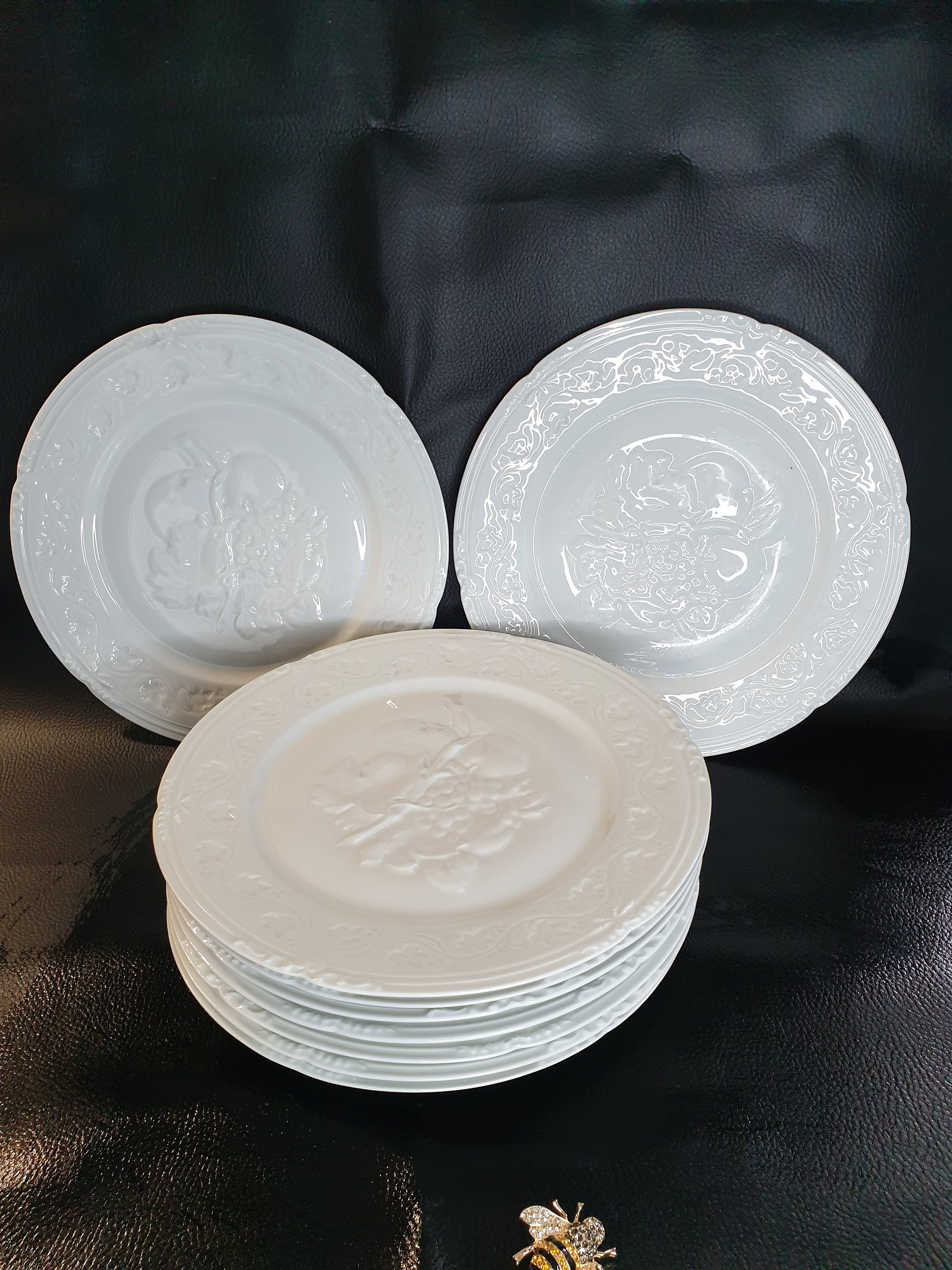 Neuf Assiettes Limoges Blanches, Latérales Vintage, Style Robert Haviland, Ensemble d'assiettes Limo