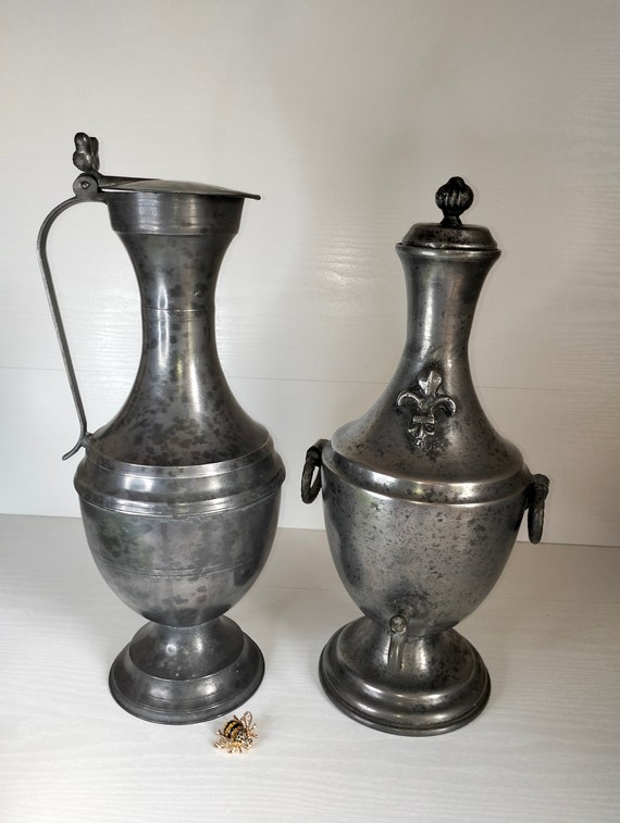 Grand Pichet En étain Gris Avec Couvercle à Charnière - Déco Vintage