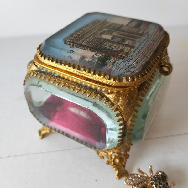 Antique French Jewelry Box, Antique French Ormulu Trinket Box, Beveled Glass Jewelry Box