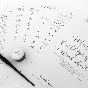 May include: A black and white image of calligraphy worksheets with a black calligraphy pen and a bottle of ink. The worksheets include letter formation, numbers, symbols, and linking words. The text on the worksheets reads "Modern Calligraphy Worksheets" and "Letterform".