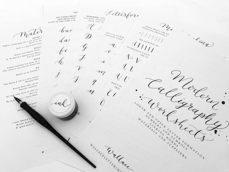 May include: A black and white image of calligraphy worksheets with a black calligraphy pen and a bottle of ink. The worksheets include letter formation, numbers, symbols, and linking words. The text on the worksheets reads "Modern Calligraphy Worksheets" and "Letterform".