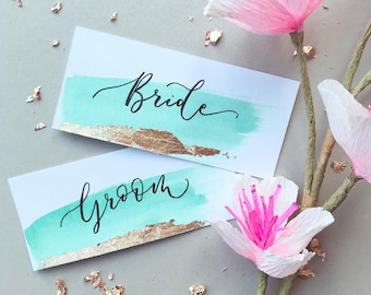 Calligraphy Name Place Cards with Gold Leaf | Handwritten Name Card