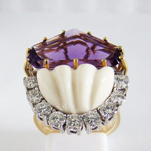 Ring Gold 750 Diamonds Amethyst Coral 18 kt Unique Vintage
