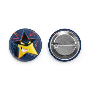 May include: A blue button with a yellow star with a black outline and a mischievous grin. The star has red lightning bolts around it. The text "@shopboombaby by CJD" is in the bottom right corner.