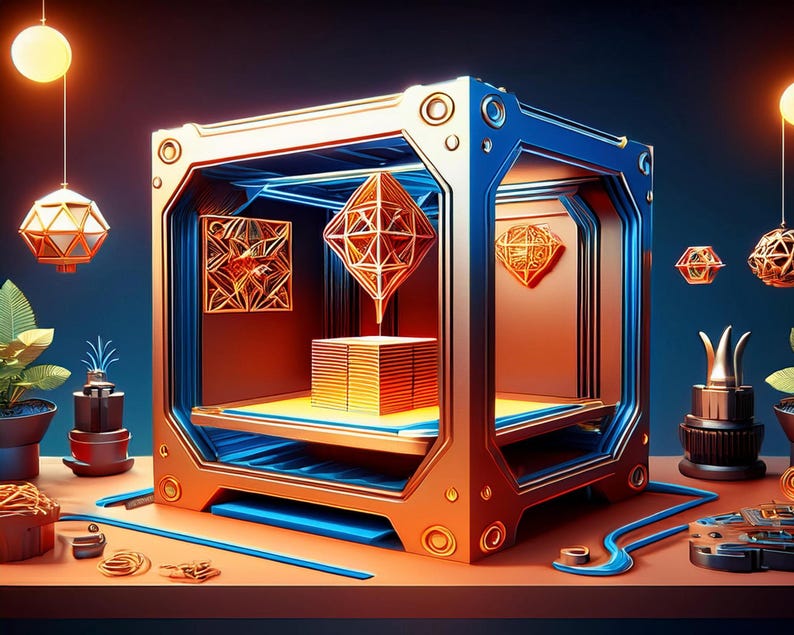 May include: A 3D printer with a gold and blue metallic finish. The printer is in a room with a dark blue background and has a gold geometric object inside. The printer is on a table with a brown surface.