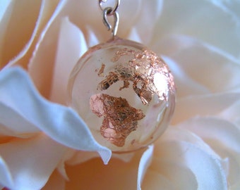 Rose Gold Leaf Resin Earth Globe Sphere Necklace Pendant Jewelry