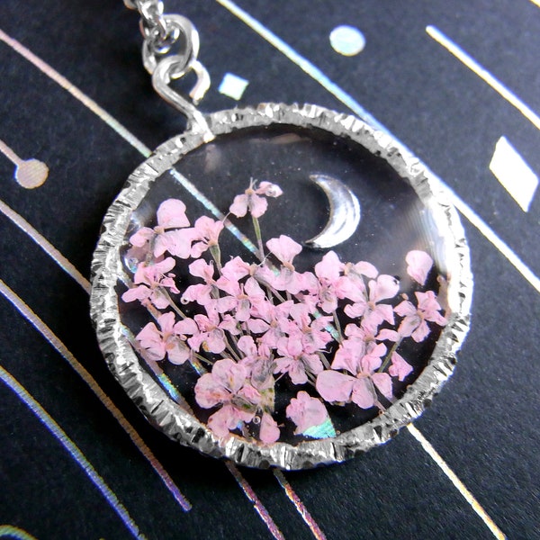Silber Sakura Kirschblüten Halbmond Harz Halskette Anhänger mit echten rosa gepressten Blumen