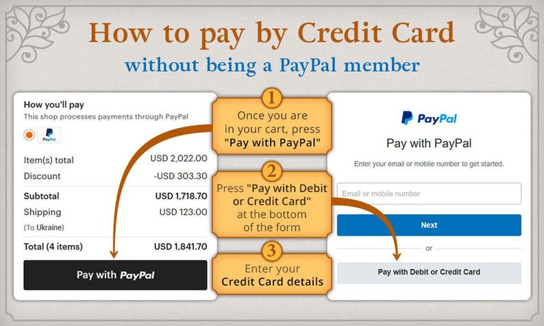 Puede incluir: Un diagrama que muestra c&oacute;mo pagar con una tarjeta de cr&eacute;dito en un sitio web sin ser miembro de PayPal. El diagrama muestra tres pasos: 1. Una vez que est&eacute; en su carrito, presione "Pagar con PayPal". 2. Presione "Pagar con d&eacute;bito o tarjeta de cr&eacute;dito" en la parte inferior del formulario. 3. Ingrese los detalles de su tarjeta de cr&eacute;dito. El diagrama tambi&eacute;n muestra una pantalla de inicio de sesi&oacute;n de PayPal con un cuadro de texto para ingresar un correo electr&oacute;nico o un n&uacute;mero de tel&eacute;fono m&oacute;vil y un bot&oacute;n etiquetado como "Siguiente".