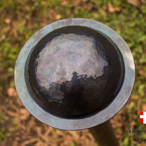 Puede incluir: Un escudo redondo de metal con un acabado martillado. El escudo es de color gris oscuro con un borde azul claro. El escudo est&aacute; en un palo de madera.