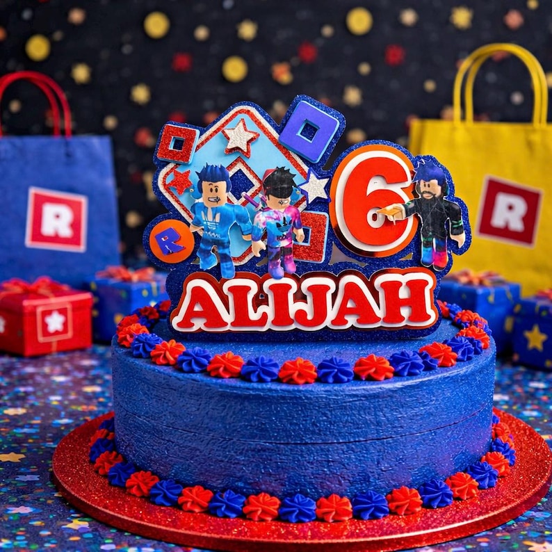 May include: A blue birthday cake with red and blue frosting decorations. The cake is topped with a Roblox-themed cake topper with the name "Alljah" and the number "6". Blue gift bags and boxes are in the background.