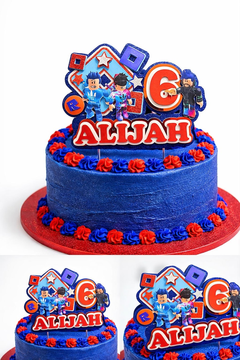 May include: A blue frosted birthday cake with red and blue frosting accents. The cake is decorated with a topper featuring cartoon characters, the number 6, and the name "ALLIJAH" in red. The cake sits on a red cake board.