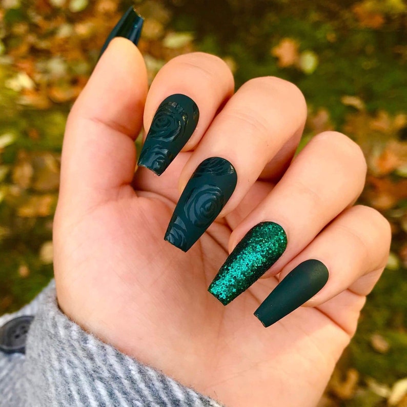 Gel-x Press on Nails Dark Green With Hand Painted and - Etsy Ireland