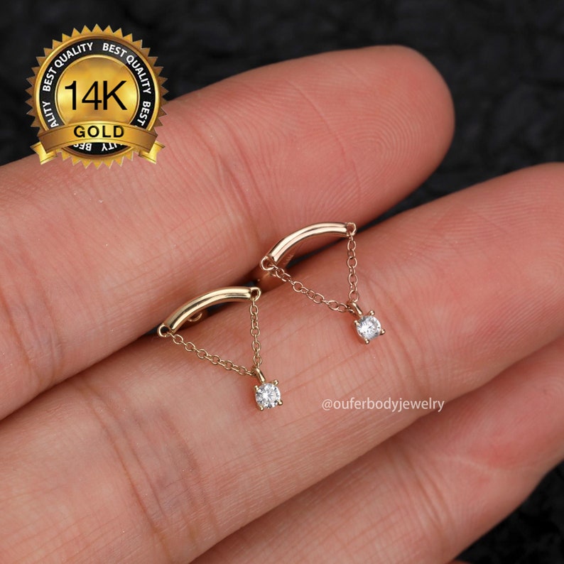 14K Solid Gold Dangle Cartilage Earring Stud/Hidden Helix piercing/Conch Piercing/curved bar piercing/Tragus Rook Earlobe Studs/Mother's day 