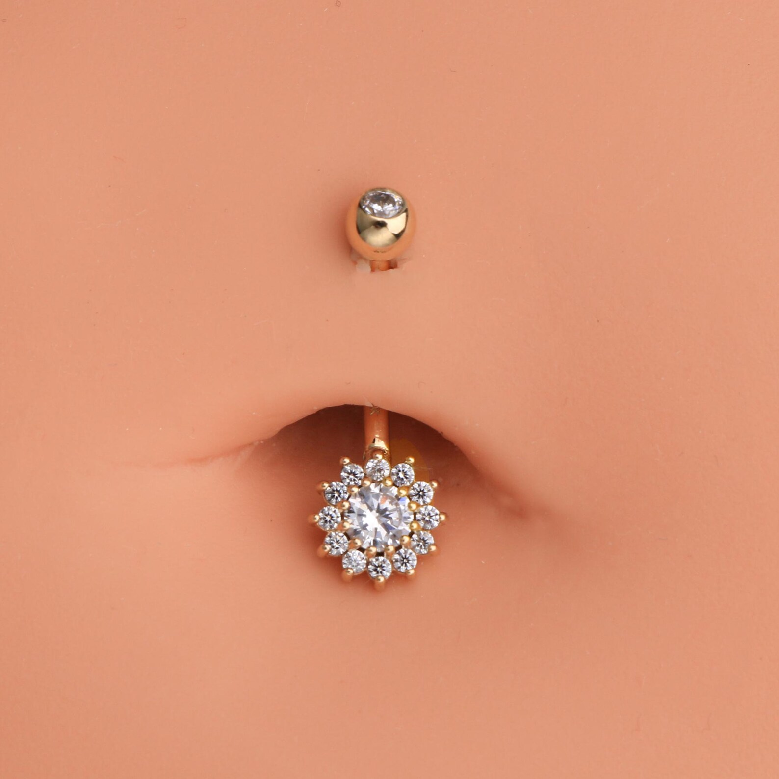 14K Solid Gold Cubic Zirconia 14G Belly Button Ring/ Floral Etsy