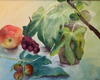 Peinture Aquarelle  tableau original Therese Tarsiguel «  Nature morte aux pommes et raisins »