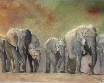 Peinture aquarelle tableau original Therese Tarsiguel "Les éléphants du Kruger"