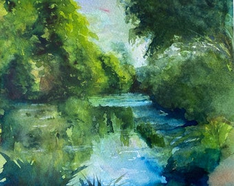 Peinture aquarelle tableau original Thérèse Tarsiguel « Samois sur Seine « 