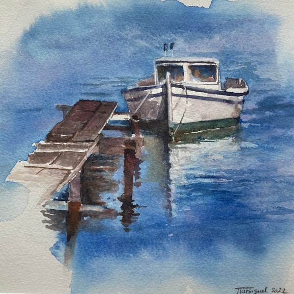 Tableau aquarelle peinture originale Therese Tarsiguel «  Le bateau en Grèce »