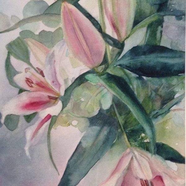 Aquarelle peinture originale tableau Therese Tarsiguel « Les lys et les eucalyptus »