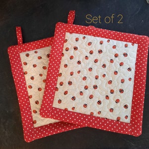 May include: A pair of quilted pot holders with a ladybug pattern. The central panel is white with red ladybugs, framed by a red border with white polka dots. Each has a small red loop for hanging. The text "Set of 2" is visible.