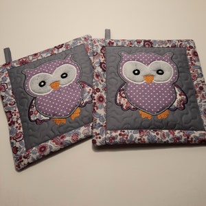 Insulated Quilted Potholders Set of 2, Owl Potholders, Farmhouse Potholders, Appliqued Owl Potholders, Owl trivets