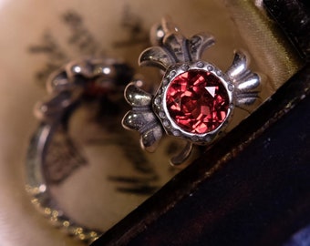 Vintage Style Gothic Cross Sterling Silver S925 Huggie Hoops Earrings Natural Gemstone Black Spinel and Red Garnet Birthstone