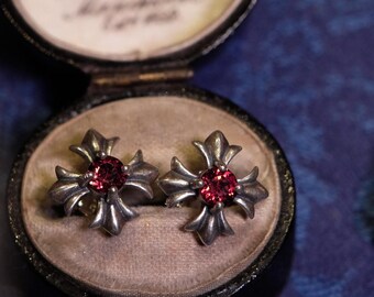 Vintage Style Gothic Maltese Cross Sterling Silver S925 Earrings Ear Studs Natural Gemstone Red Garnet and Green Chrome Diopside