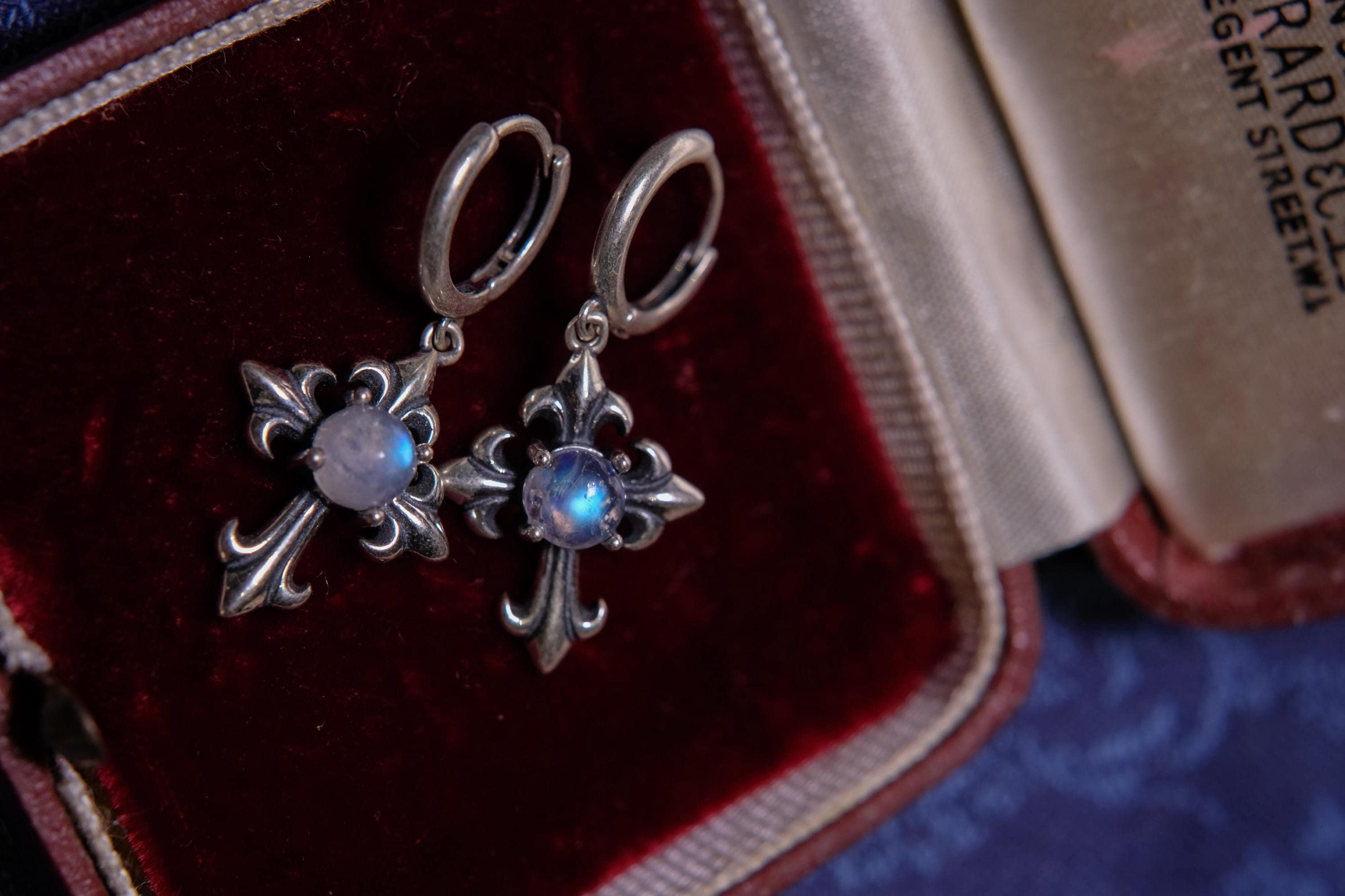 Vintage Style Gothic Cross Sterling Silver S925 Hoop Drop Earrings with Natural Gemstone Cabochon Moonstone Garnet Black Spinel Topaz