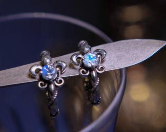 Vintage Style Gothic Sterling Silver Fleur de Lis Ear Hoops Huggie Earrings Natural Gemstone Moonstone Topaz and Garnet