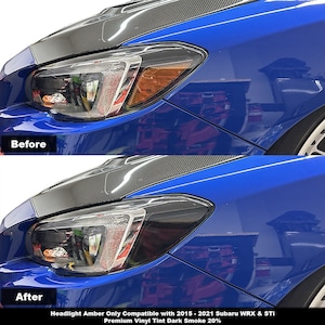 Peut inclure: Photos avant et après d'une Subaru WRX bleue avec des phares ambrés. La photo après montre les phares teintés en fumée foncée avec un teintage de 20%. Le texte "Headlight Amber Only Compatible with 2015 - 2021 Subaru WRX & STI Premium Vinyl Tint Dark Smoke 20%" est en bas de l'image.