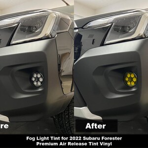 May include: Before and after photos of a 2022 Subaru Forester with fog light tint. The before photo shows the clear fog lights, and the after photo shows the fog lights with a yellow tint. "Fog Light Tint for 2022 Subaru Forester Premium Air Release Tint Vinyl" is written below the photos.