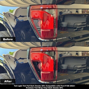 May include: Before and after photos of a black Ford F150 pickup truck with tinted tail lights. The tail lights are tinted with a dark smoke 20% tint wrap vinyl. The text "Tail Light Tint Full Dark Smoke 20% Compatible with Ford F150 2024+ Premium Tint Wrap Vinyl Dark Smoke 20%" is at the bottom of the image.