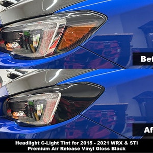 Könnte beinhalten: Vorher-Nachher-Fotos eines blauen Subaru WRX mit einer Scheinwerfer-Tönung. Die Tönung ist ein schwarzer Vinyl-Glanz, der die gesamte Scheinwerfereinheit abdeckt. Der Text "Headlight C-Light Tint for 2015 - 2021 WRX & STI Premium Air Release Vinyl Gloss Black" befindet sich unter den Fotos.