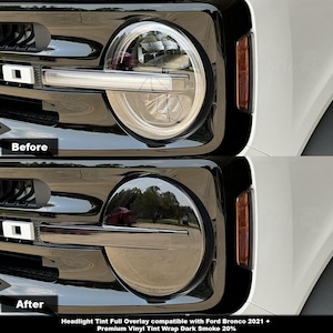 Peut inclure: Une comparaison d'un phare de Ford Bronco avant et après l'application d'un film vinyle teinté gris foncé à 20 %. L'image du haut montre la lentille transparente, tandis que l'image du bas montre la lentille recouverte d'un film teinté réfléchissant.