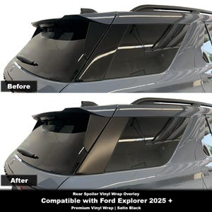 May include: A comparison of a Ford Explorer before and after applying a rear spoiler vinyl wrap overlay. The top image shows the vehicle before the wrap, and the bottom image shows the vehicle after the wrap. The wrap is satin black.