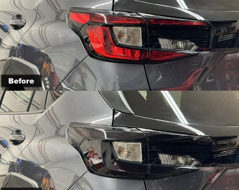 May include: A comparison of a dark gray vehicle tail light before and after applying a dark smoke 20% tint vinyl wrap overlay. The top image shows the original red and clear lens, while the bottom image shows the darkened, tinted appearance.